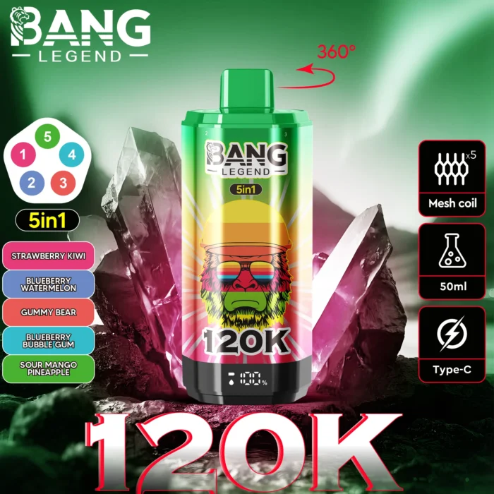 Bang-Legend-120000-120K-Puffs-5-in-1-Flavors-strawberry-kiwi-blueberry-watermelon-bear-fudge-blueberry-bubble-gum-sour-mango-pineapple