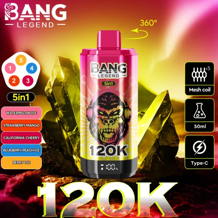 Bang-Legend-120000-120K-Puffs-5-in-1-Flavors-watermelon-ice-strawberry-mango-california-cherry-blueberry-peach-ice-berry-cool