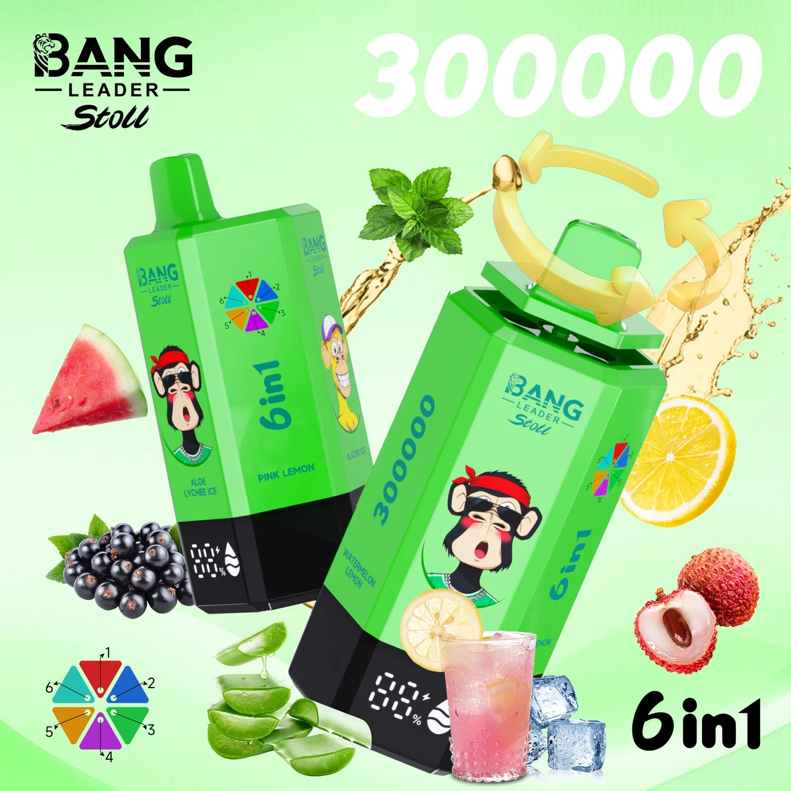 Bang_leader_stoll_300000_puffs_vape_AloeLycheeIce_PinkLemon_GlacierIce_PineNeedleMint_BlackCurrantIce_WatermelonLemon