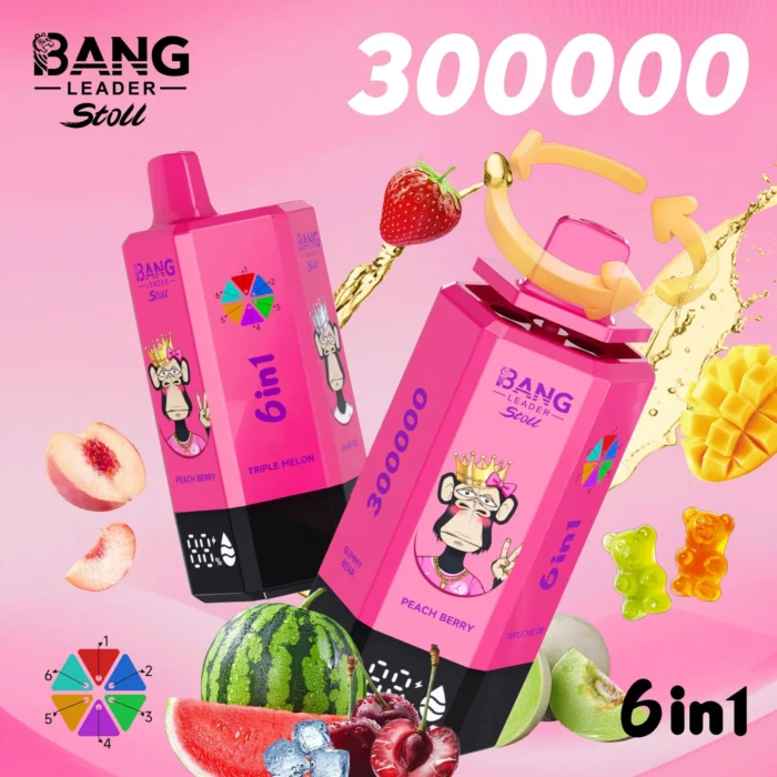 Bang_leader_stoll_300000_puffs_vape_PeachBerry_TripleMelon_GrapeIce_BlackDragonIce_FizyCherryIce_GummyBear