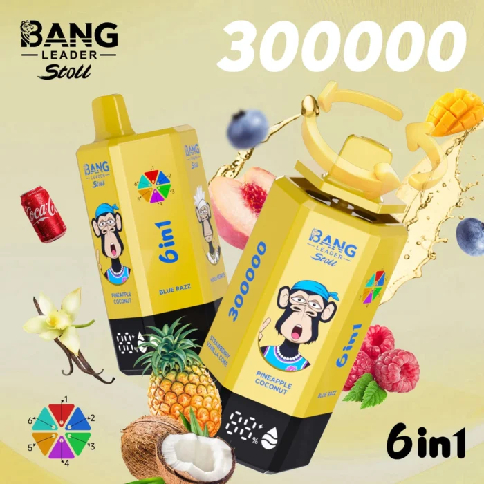 Bang_leader_stoll_300000_puffs_vape_PineappleCoconut_BlueRazz_MixedBerries_MangoPeach_BlueberryRaspberry_StrawberryVanillaCoke