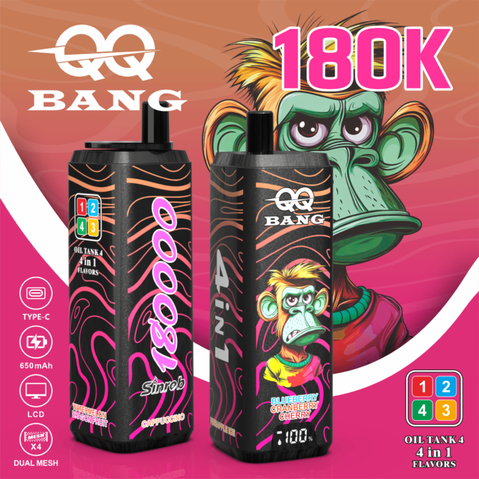 QQ Bang 180K Puffs - zestaw smakow Cappuccino / Pineapple Ice / Blueberry / Cranberry / Cherry / Watermelon / Dragon Fruit