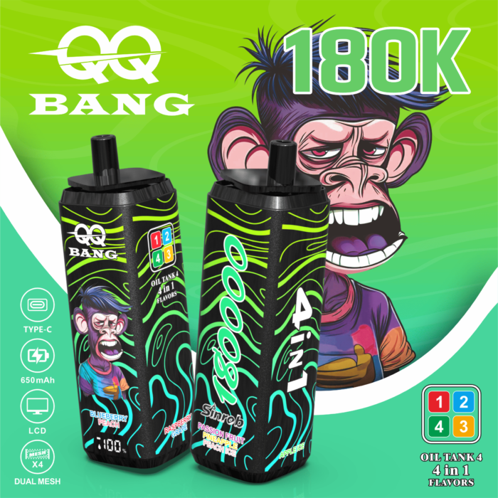 QQ Bang 180K Puffs - zestaw smakow Passionfruit / Pineapple / Peach Ice / Apple Ice / Blueberry / Peach / Raspberry / Grape