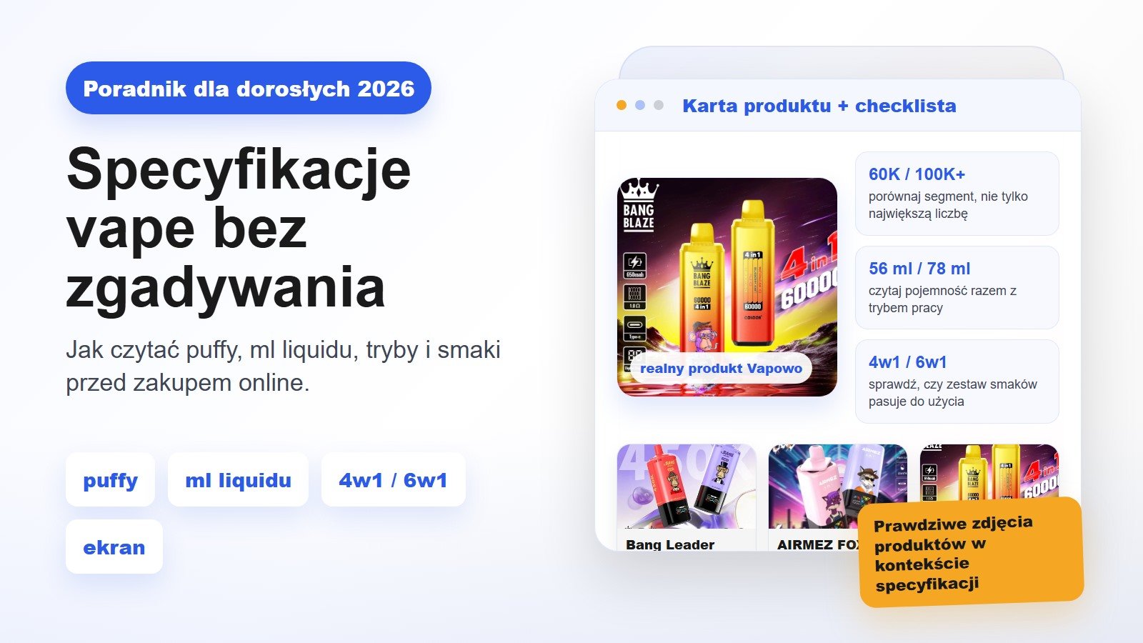 Czytelny panel specyfikacji vape z realnymi zdjęciami produktów Vapowo
