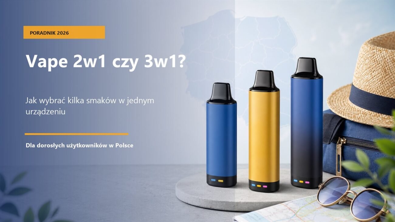 Trzy urządzenia vape 2w1 i 3w1 na tle mapy Polski, poradnik wyboru smaków
